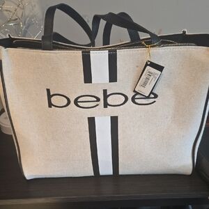 bebe Beige LARGE Canvas Tote with Black & White Center Stripe NWT